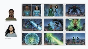 Create a riveting epic 9 part story with 9 images with these two protagonists and their adventures as secret superheroes