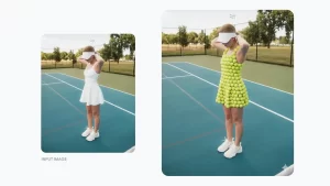 Change this person's dress to be made out of tennis balls